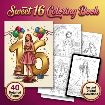 Sweet 16 Coloring Book – Teen Girl 16 Birthday Celebration Printable Activity Coloring Pages