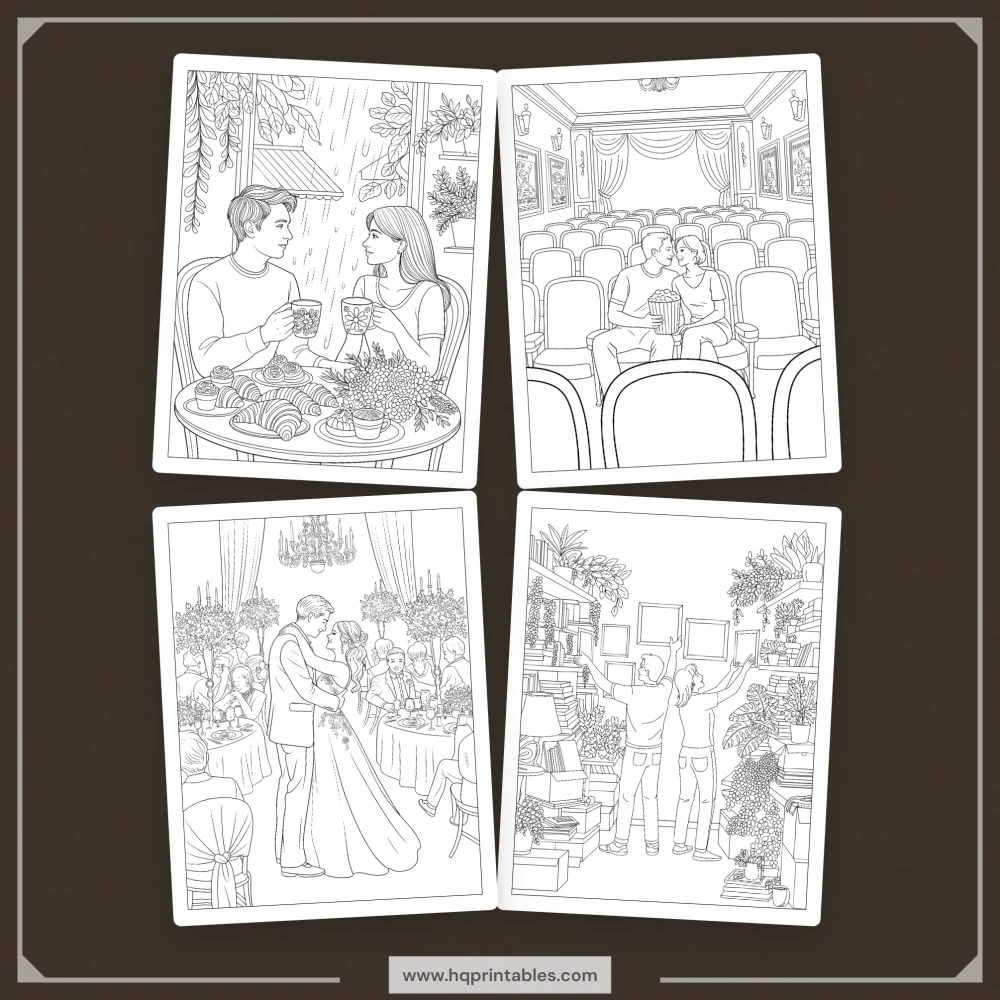 Printable anniversary coloring book showing couples wedding date night adult activity