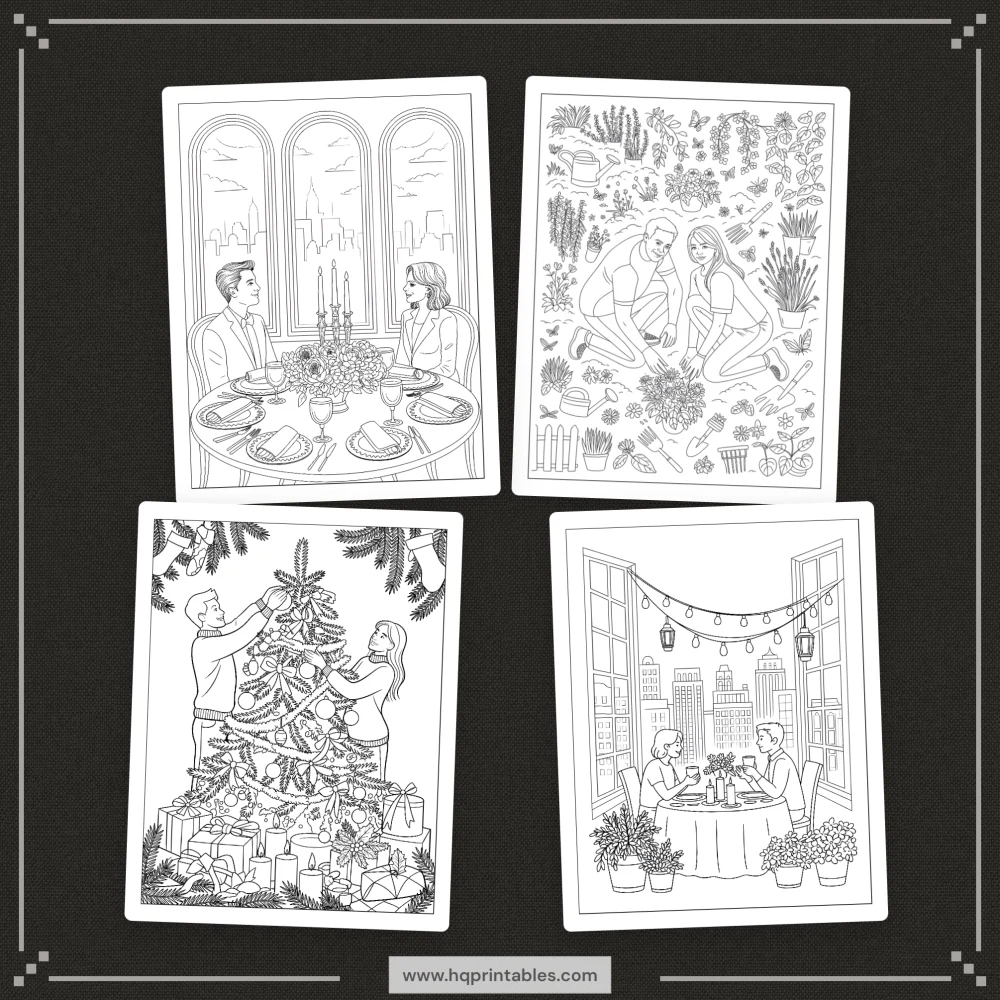 Printable anniversary coloring book showing couples wedding date night adult activity