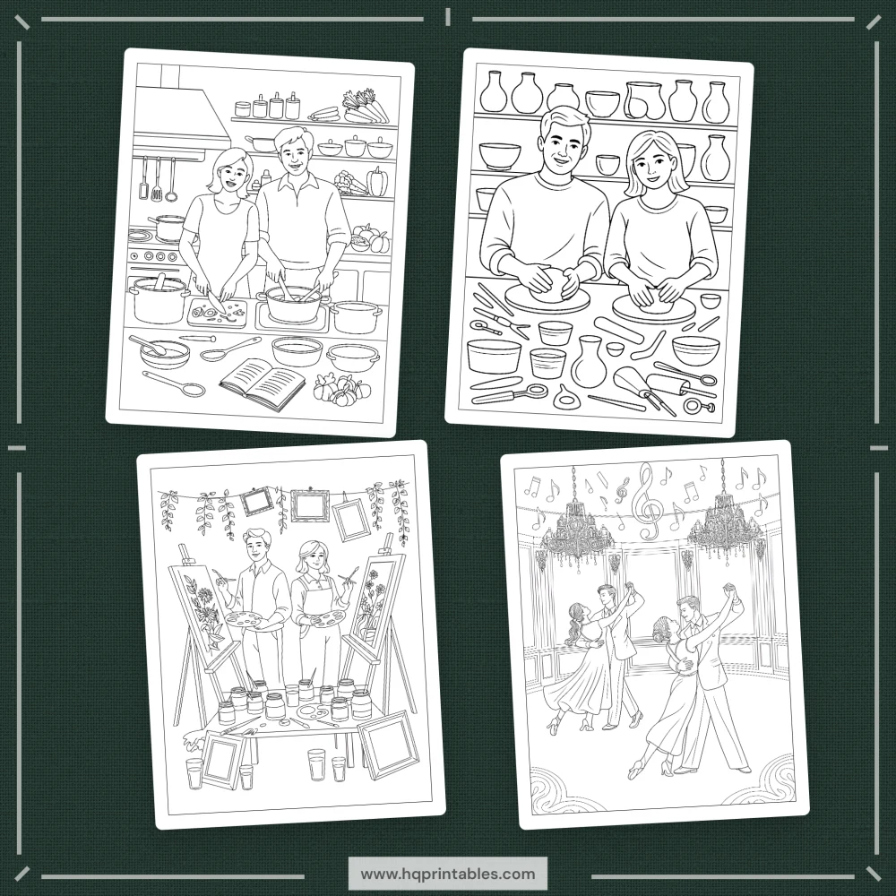 Printable anniversary coloring book showing couples wedding date night adult activity