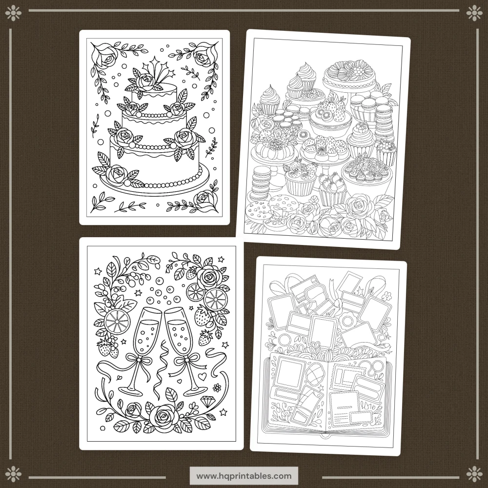 Printable anniversary coloring book showing couples wedding date night adult activity