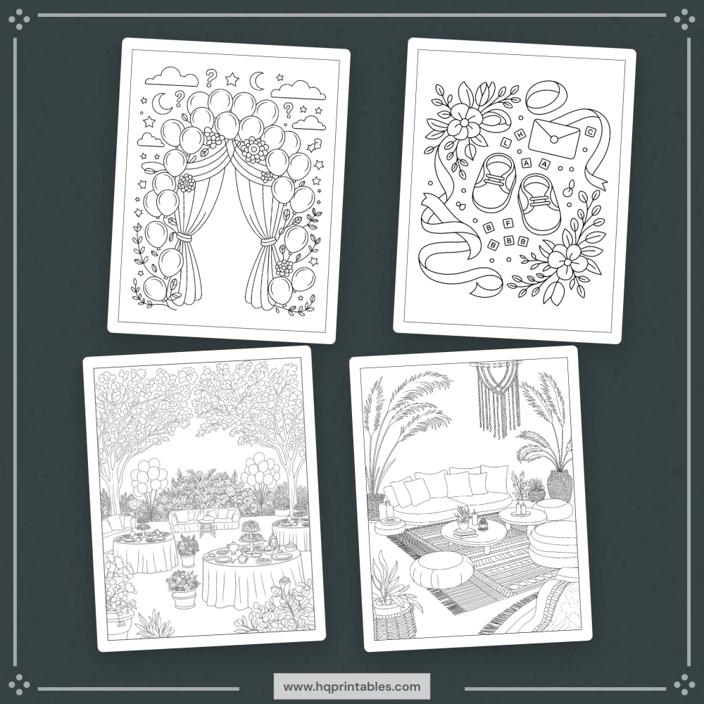 Printable baby shower coloring book featuring gender reveal game and guest activity pages