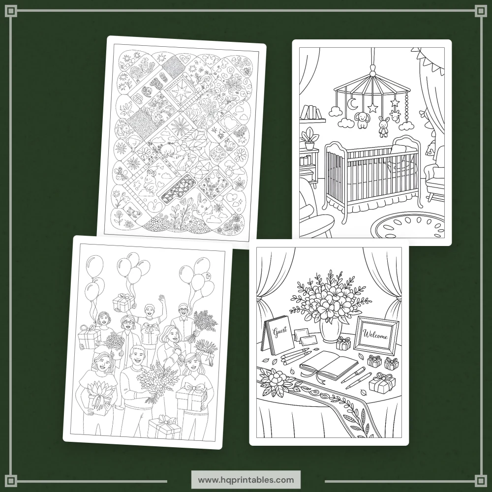 Printable baby shower coloring book featuring gender reveal game and guest activity pages