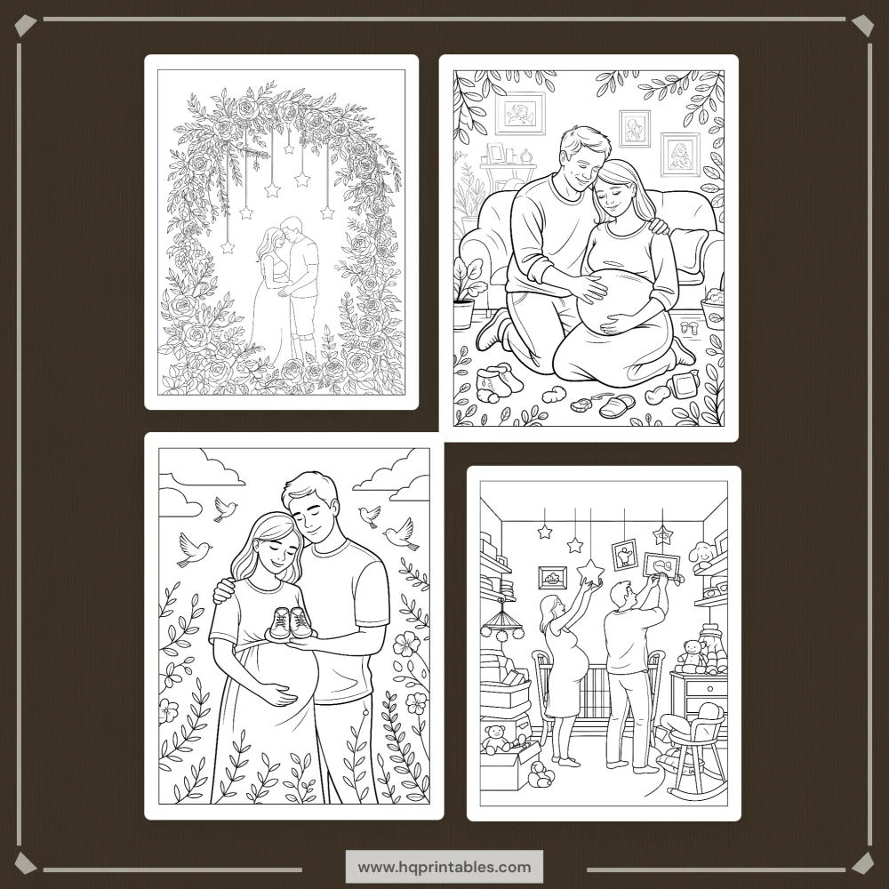 Printable baby shower coloring book featuring gender reveal game and guest activity pages
