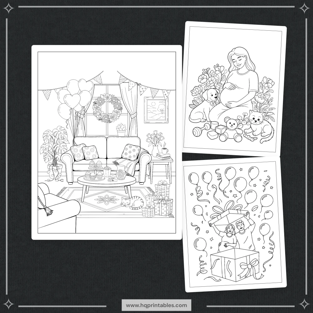 Printable baby shower coloring book featuring gender reveal game and guest activity pages