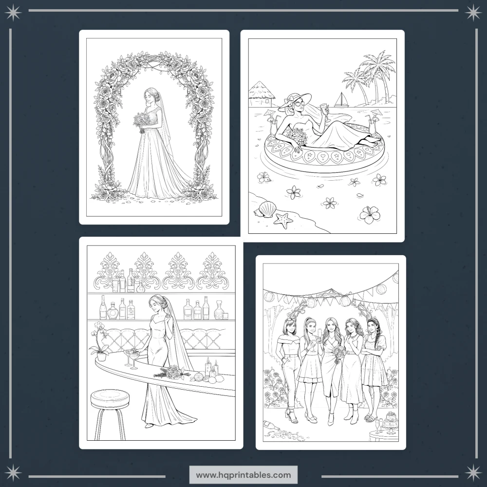 Printable bachelorette party coloring book for bride to be hen party adult activity