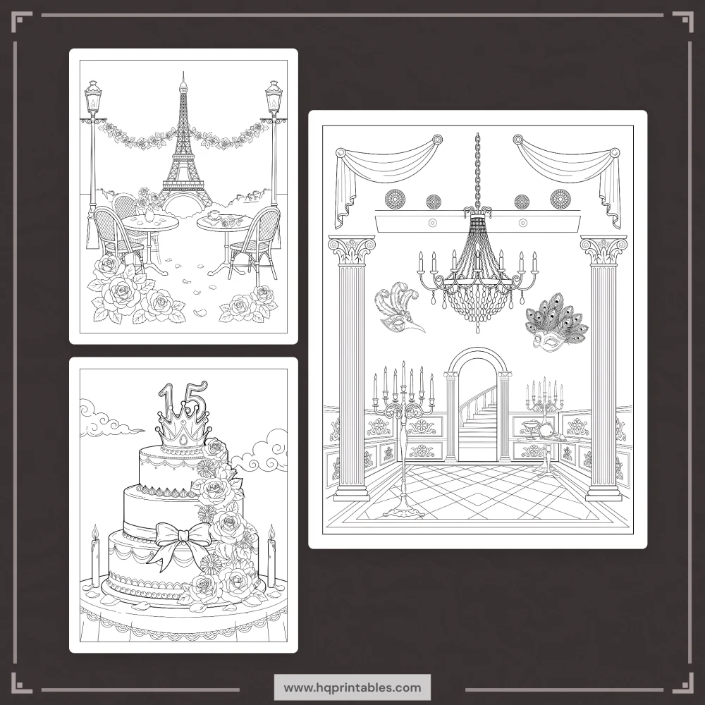 Printable Quinceanera coloring book featuring Mis Quince Anos 15th birthday sweet celebration activity