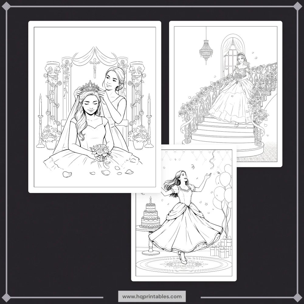 Printable Quinceanera coloring book featuring Mis Quince Anos 15th birthday sweet celebration activity