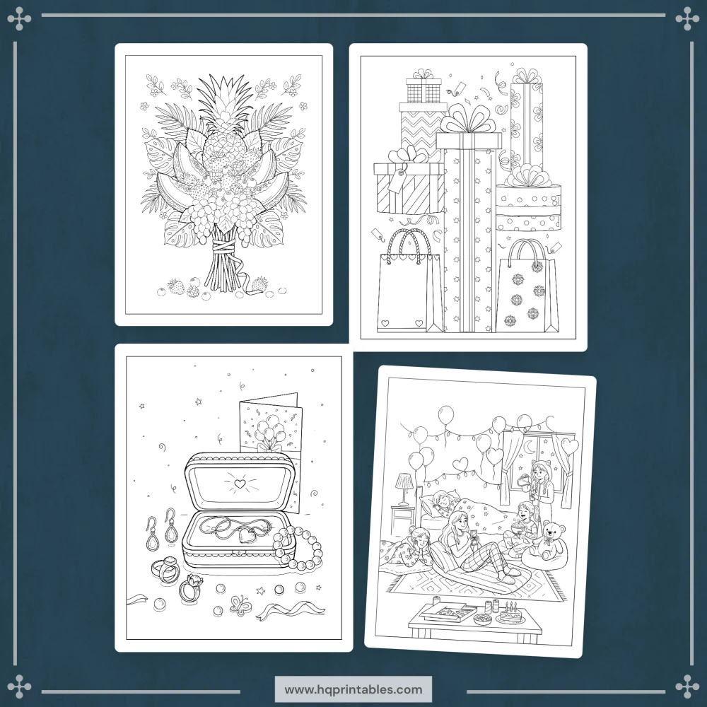 Printable sweet 16 coloring book with teen girl 16th birthday celebration activity pages