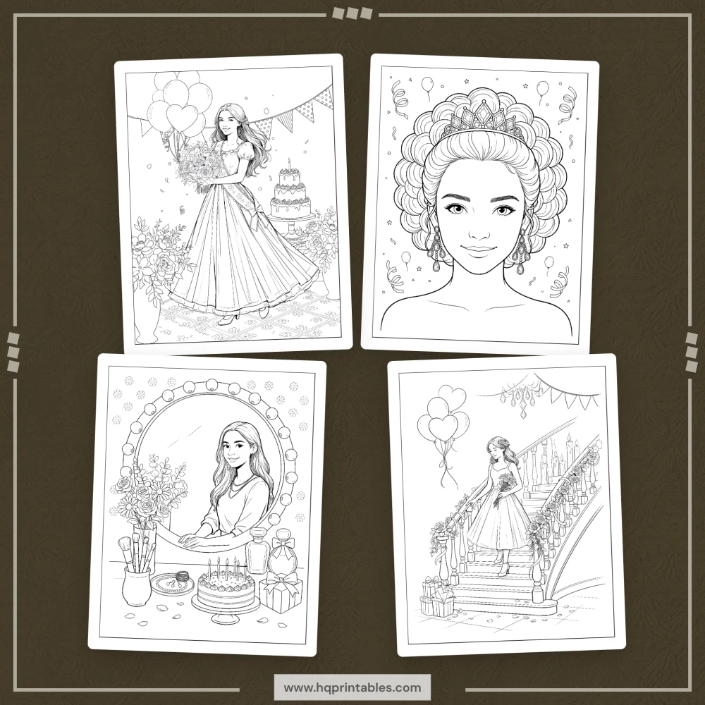 Printable sweet 16 coloring book with teen girl 16th birthday celebration activity pages