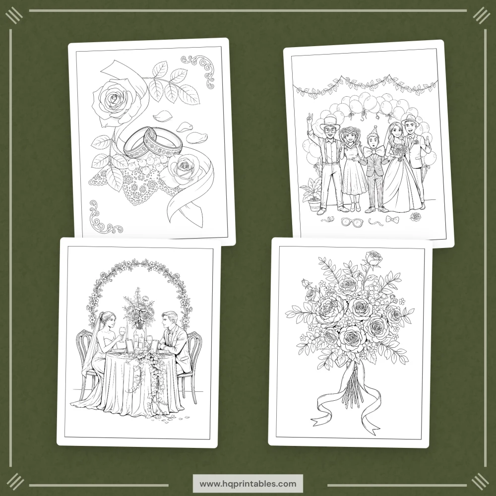 Printable wedding coloring book showing bride and groom for reception kids and adult activity
