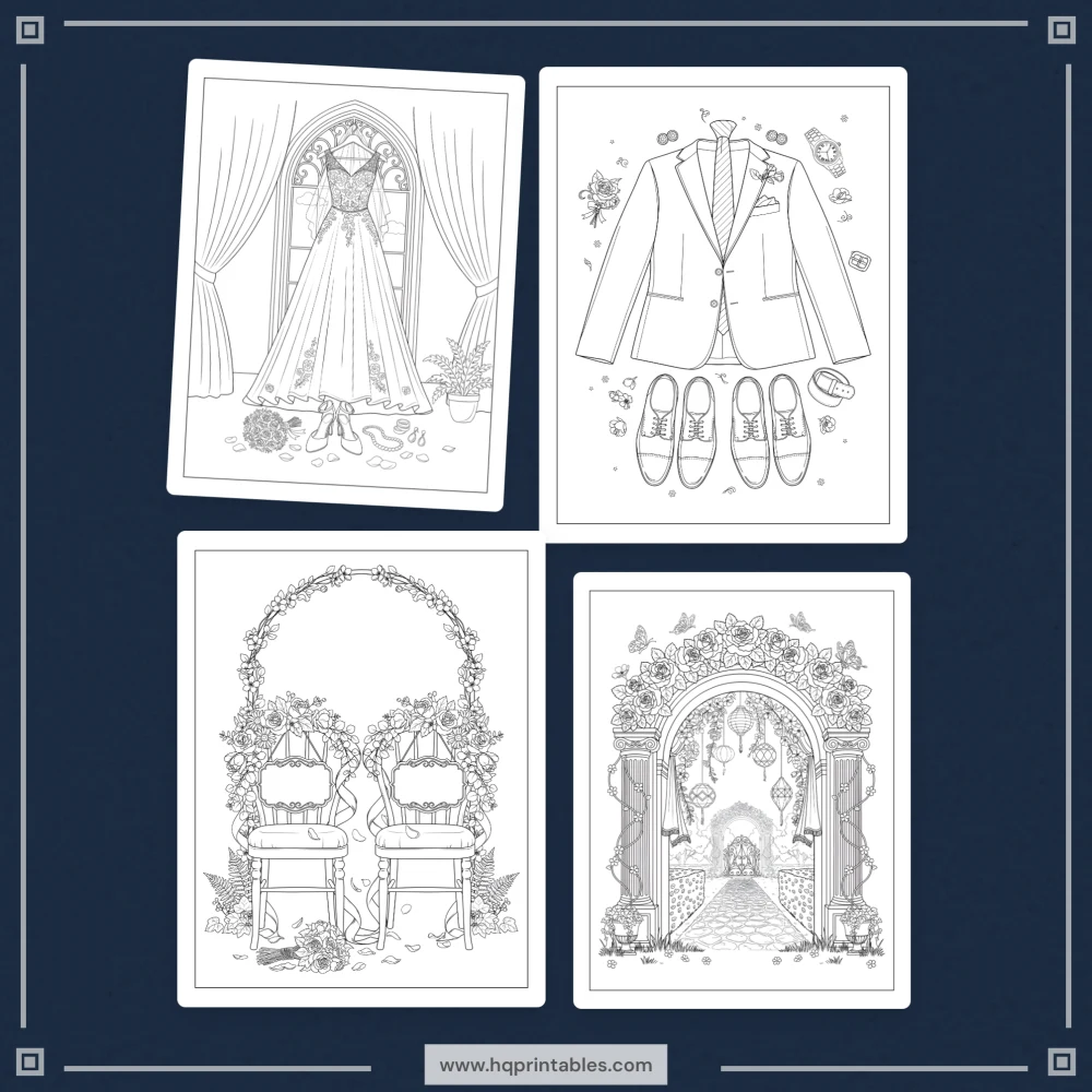 Printable wedding coloring book showing bride and groom for reception kids and adult activity