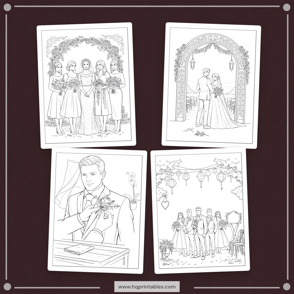 Printable wedding coloring book showing bride and groom for reception kids and adult activity