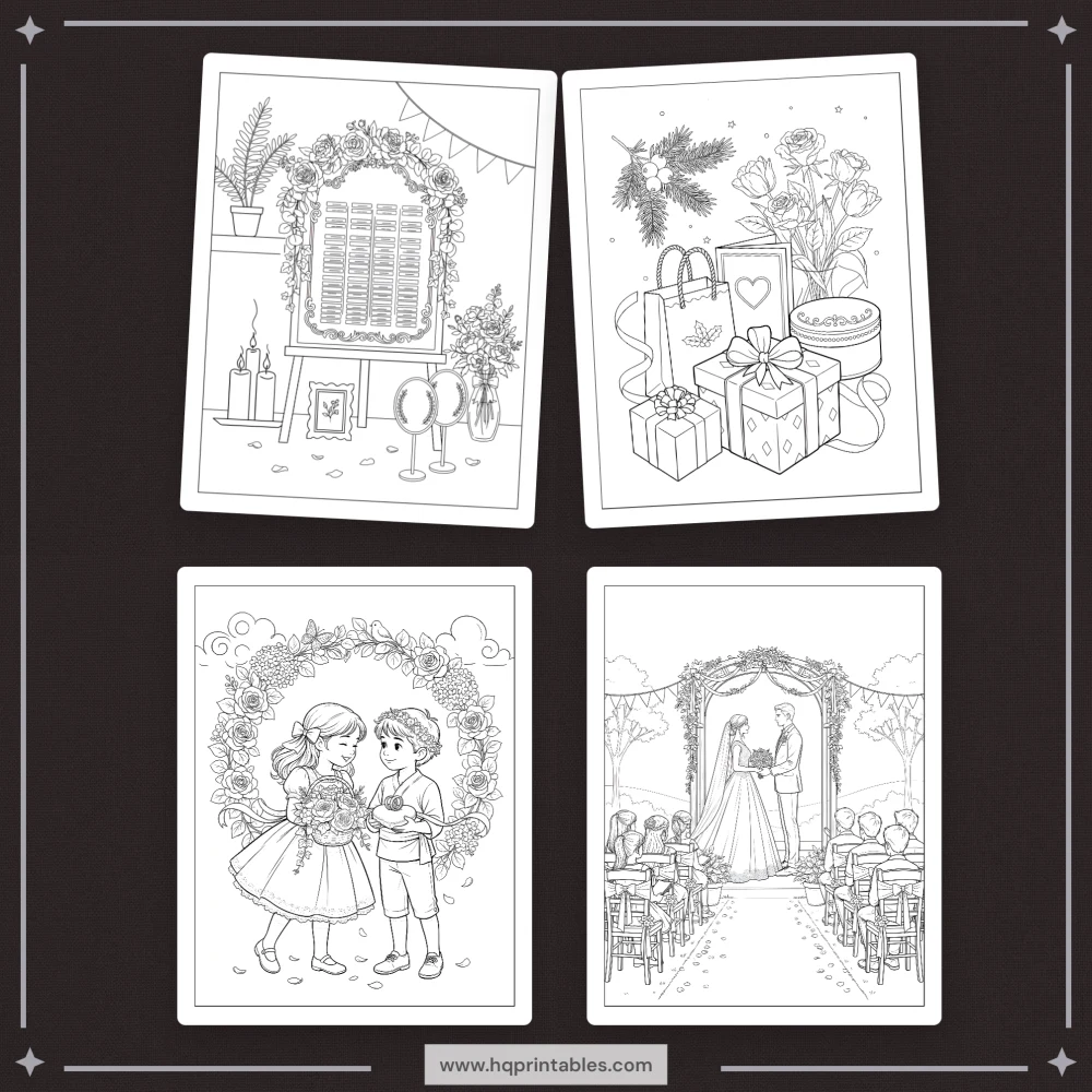 Printable wedding coloring book showing bride and groom for reception kids and adult activity