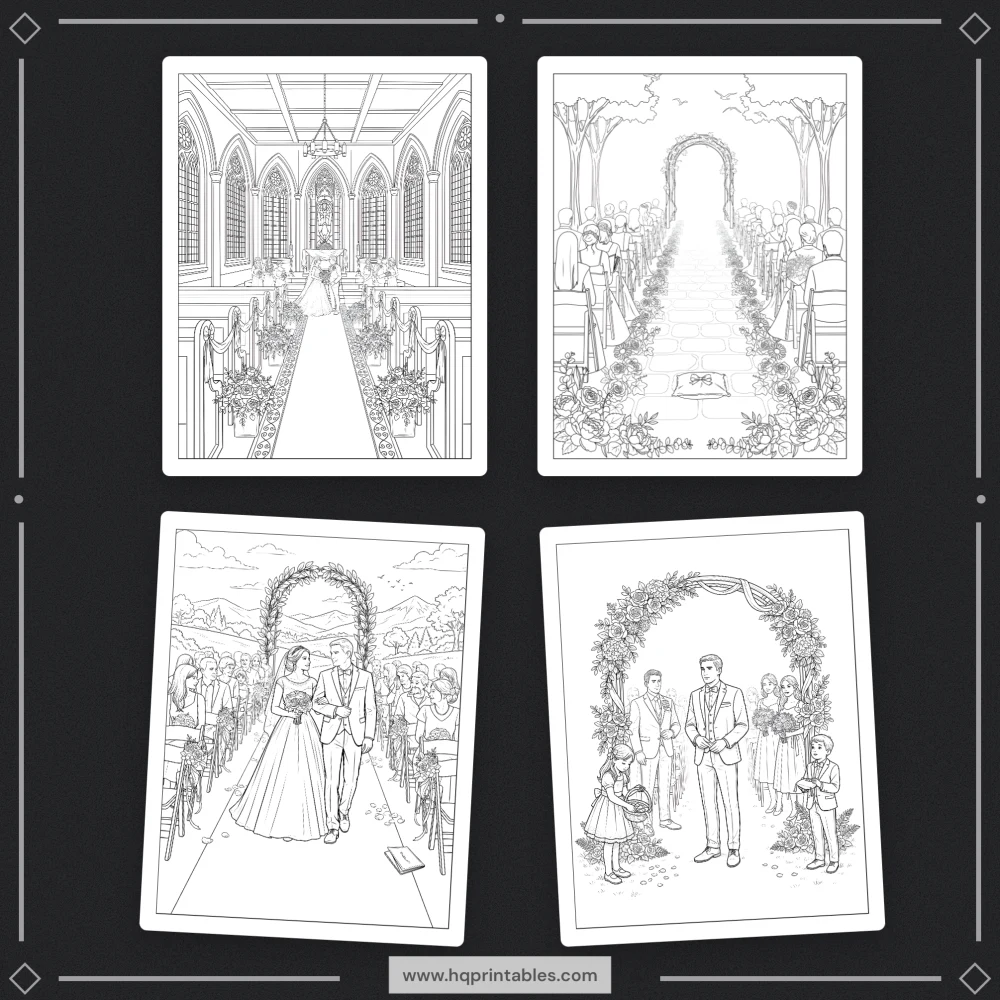 Printable wedding coloring book showing bride and groom for reception kids and adult activity