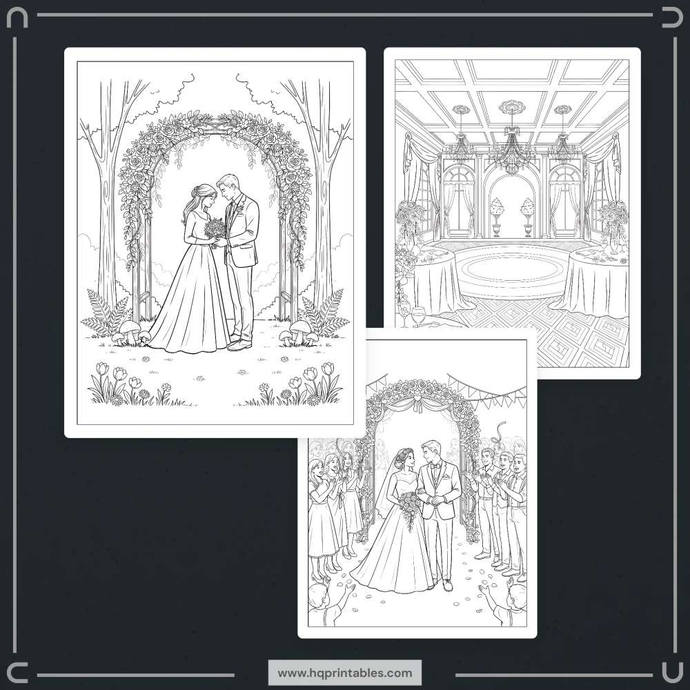Printable wedding coloring book showing bride and groom for reception kids and adult activity
