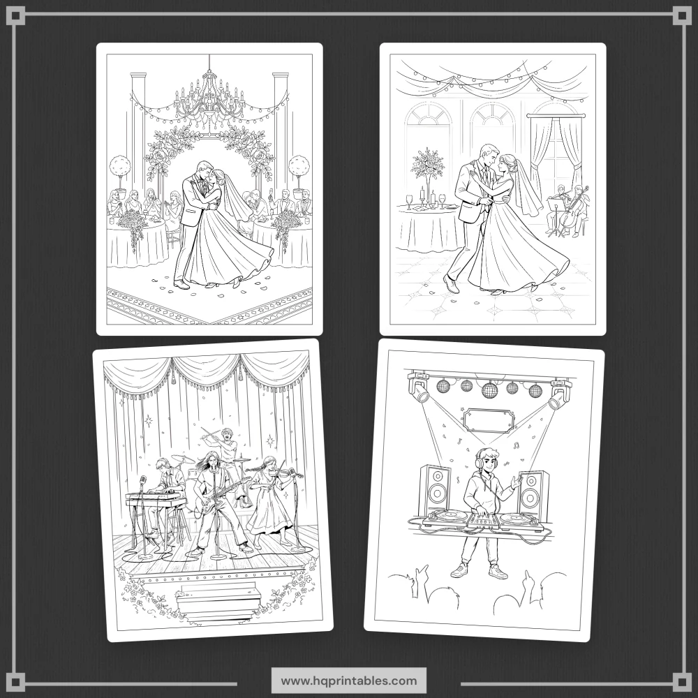 Printable wedding coloring book showing bride and groom for reception kids and adult activity