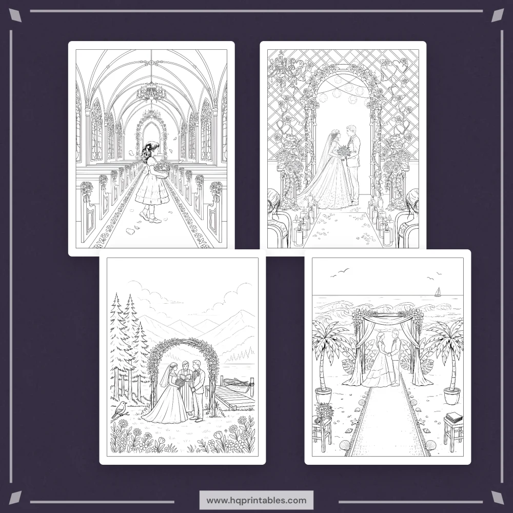 Printable wedding coloring book showing bride and groom for reception kids and adult activity