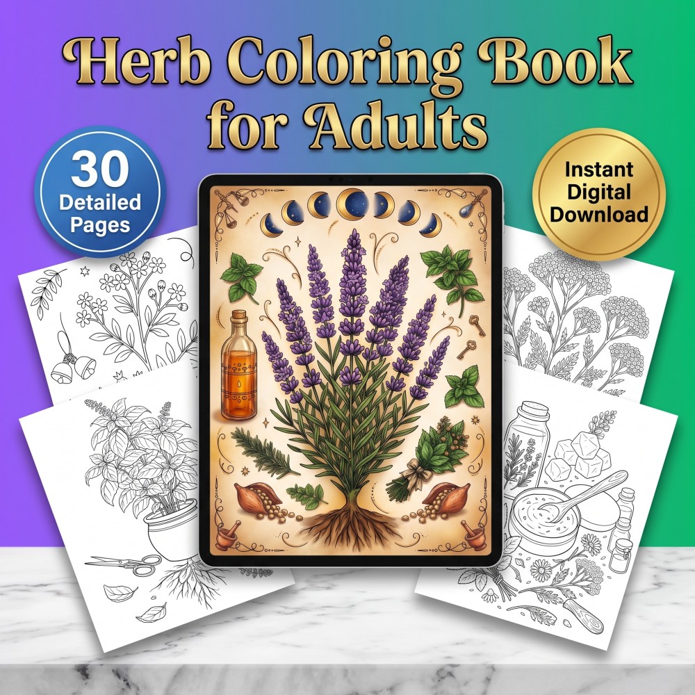 Herb coloring book for adults with botanical apothecary plants and herbalism illustrations