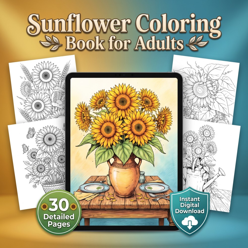 Sunflower coloring book for adults featuring botanical farmhouse flowers and printable pages
