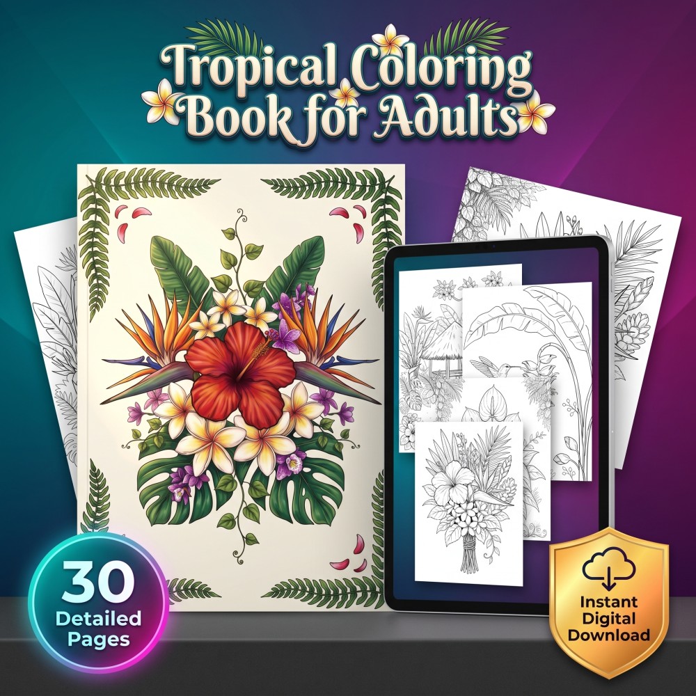 Tropical coloring book for adults with Hawaiian flowers, hibiscus, and paradise botanicals