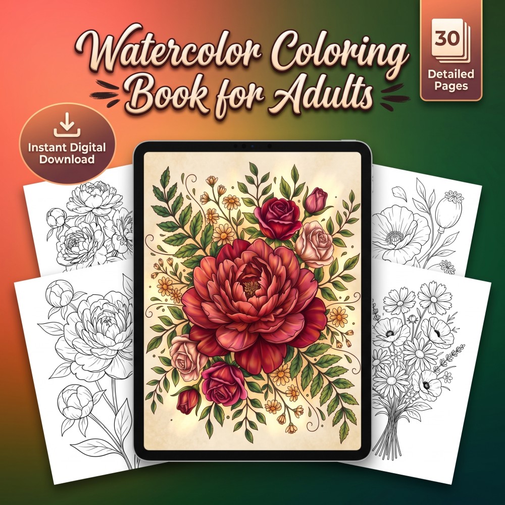 Watercolor coloring book for adults featuring printable botanical and floral pages