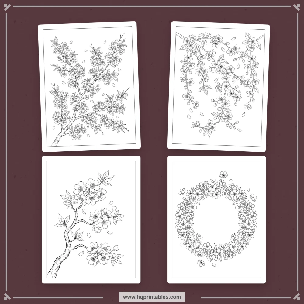 Cherry blossom coloring book for adults featuring Japanese sakura flowers and printable floral pages