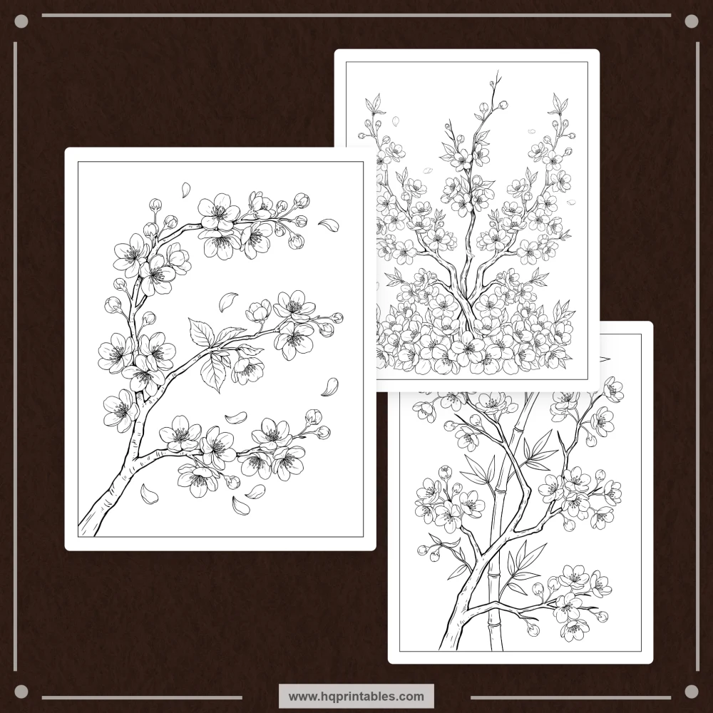 Cherry blossom coloring book for adults featuring Japanese sakura flowers and printable floral pages