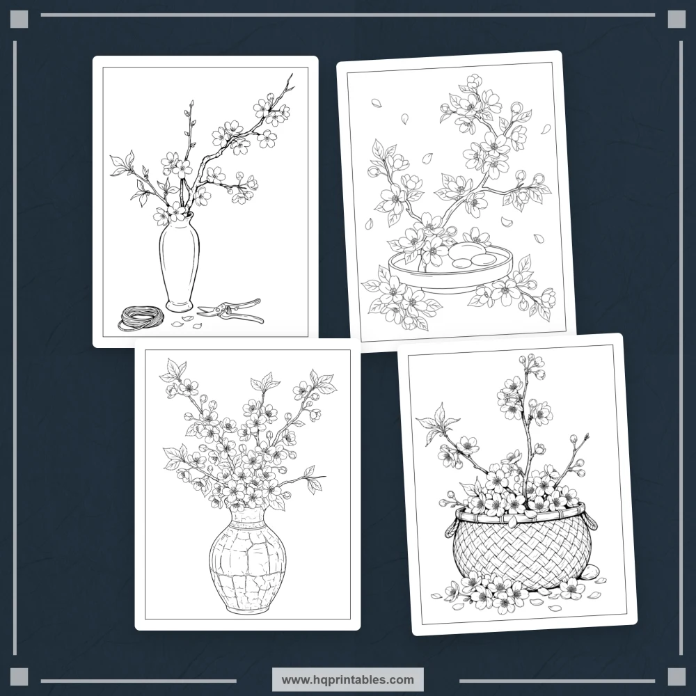 Cherry blossom coloring book for adults featuring Japanese sakura flowers and printable floral pages