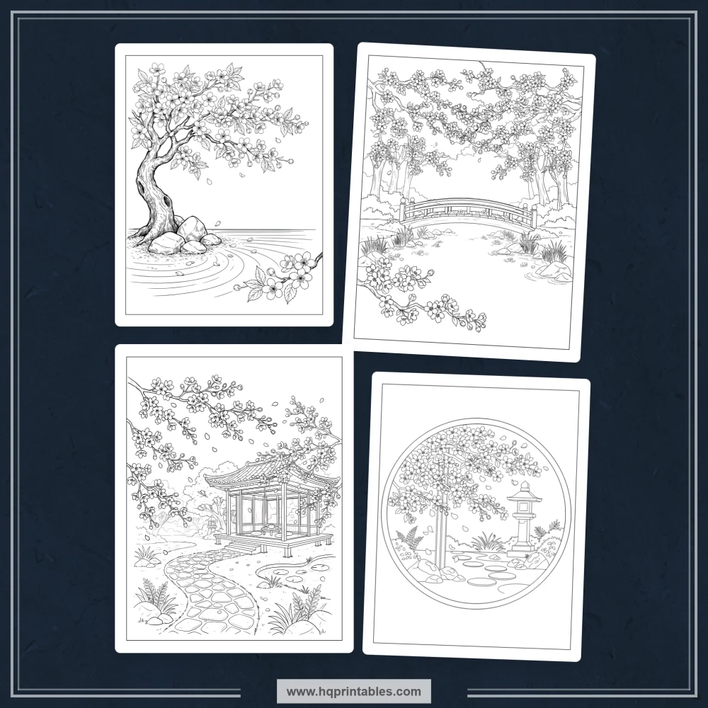 Cherry blossom coloring book for adults featuring Japanese sakura flowers and printable floral pages
