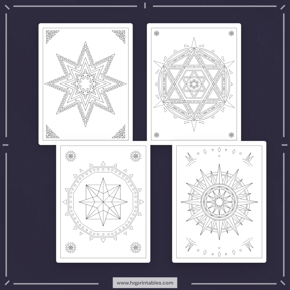 Geometric mandala coloring book for adults featuring sacred geometry and relaxing Zen patterns