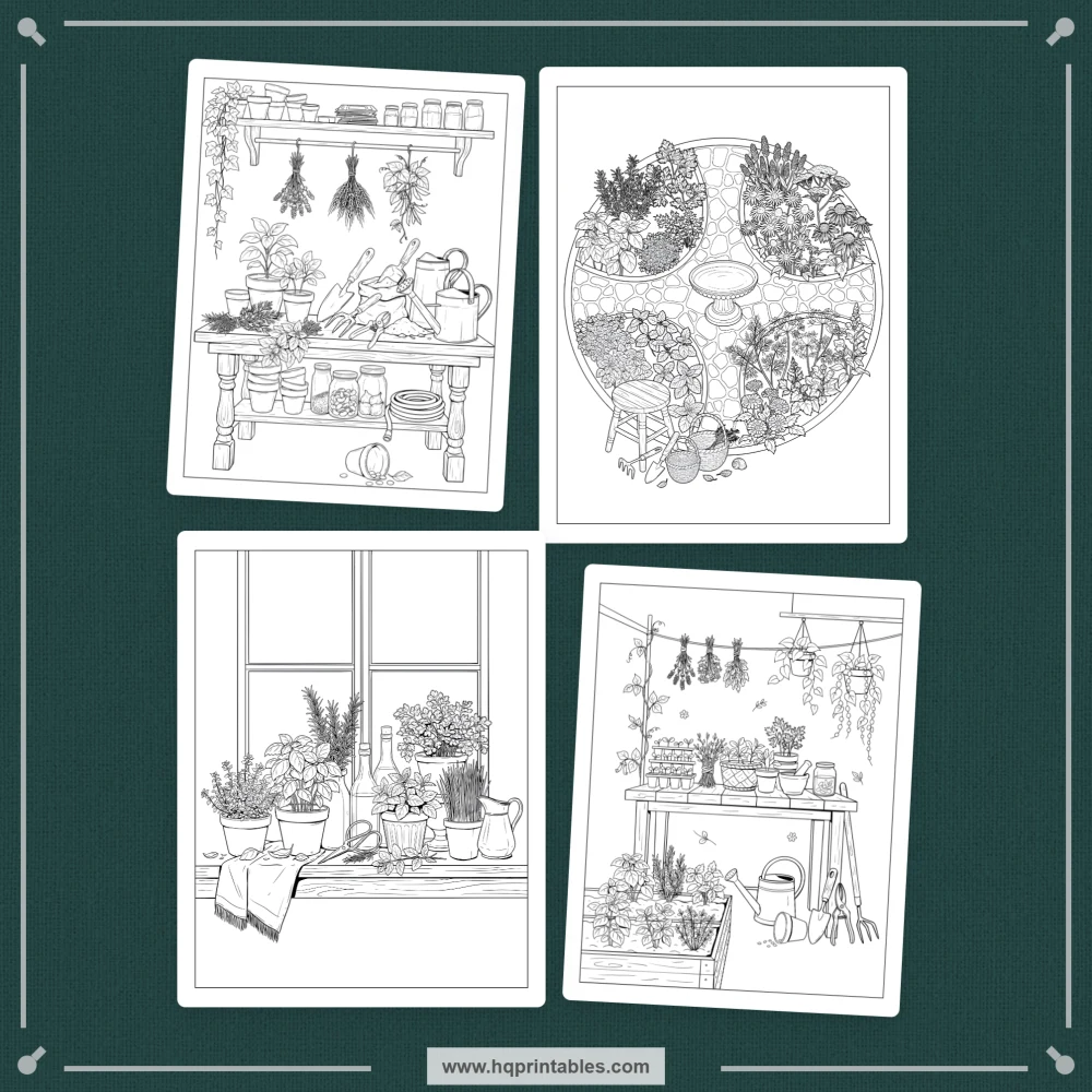 Herb coloring book for adults with botanical apothecary plants and herbalism illustrations