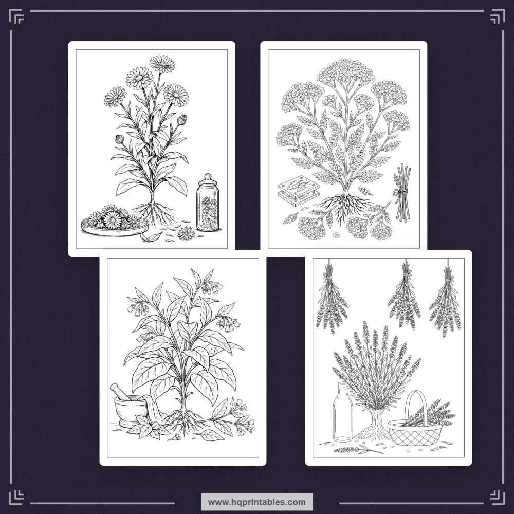 Herb coloring book for adults with botanical apothecary plants and herbalism illustrations