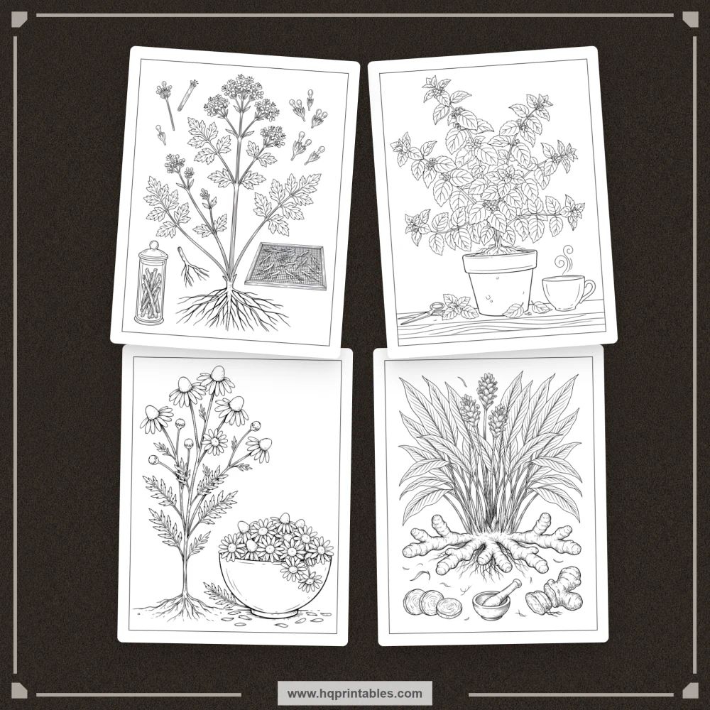 Herb coloring book for adults with botanical apothecary plants and herbalism illustrations