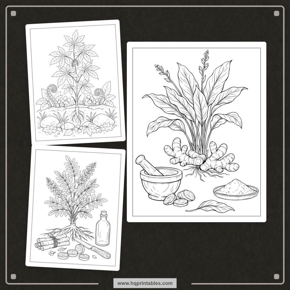 Herb coloring book for adults with botanical apothecary plants and herbalism illustrations