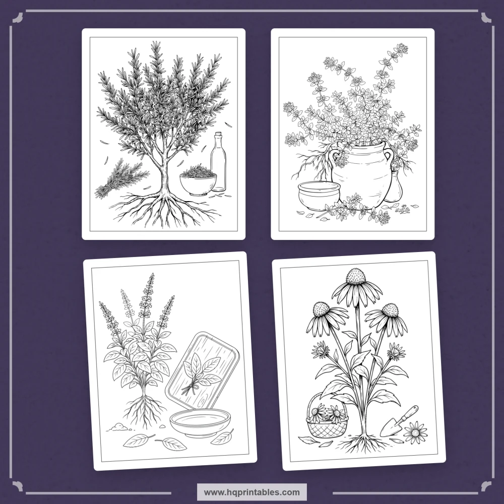 Herb coloring book for adults with botanical apothecary plants and herbalism illustrations