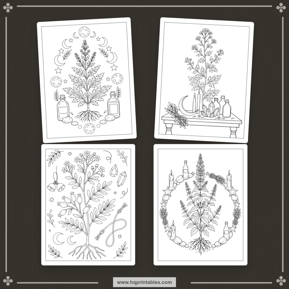Herb coloring book for adults with botanical apothecary plants and herbalism illustrations