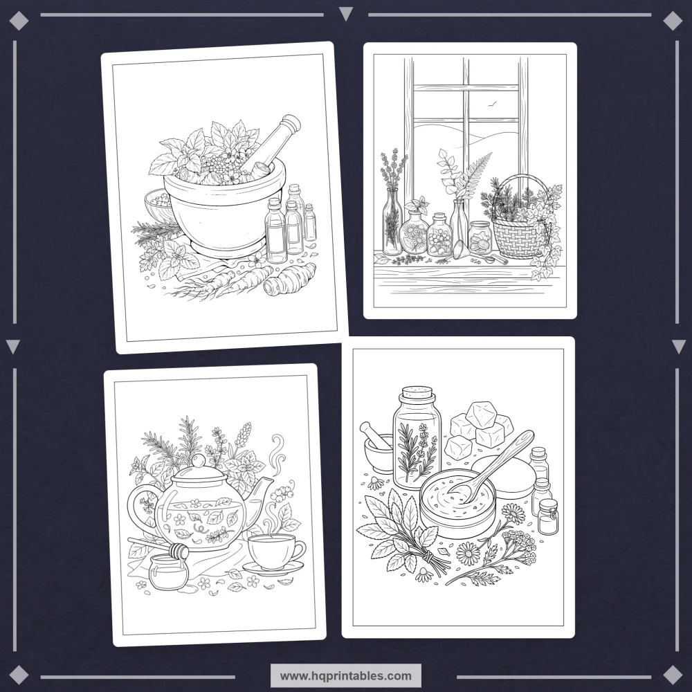 Herb coloring book for adults with botanical apothecary plants and herbalism illustrations