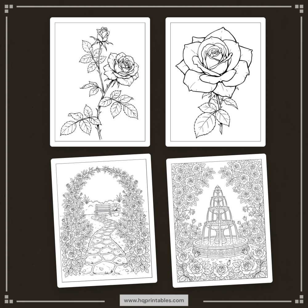Rose coloring book for adults featuring realistic garden roses and floral bouquet pages