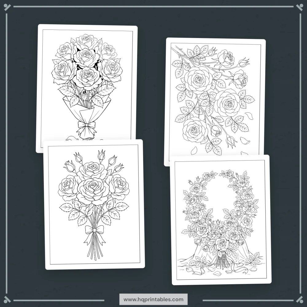 Rose coloring book for adults featuring realistic garden roses and floral bouquet pages