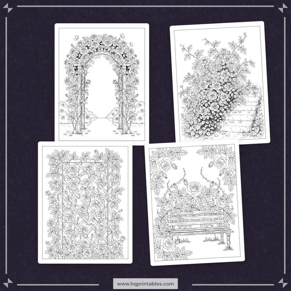 Rose coloring book for adults featuring realistic garden roses and floral bouquet pages