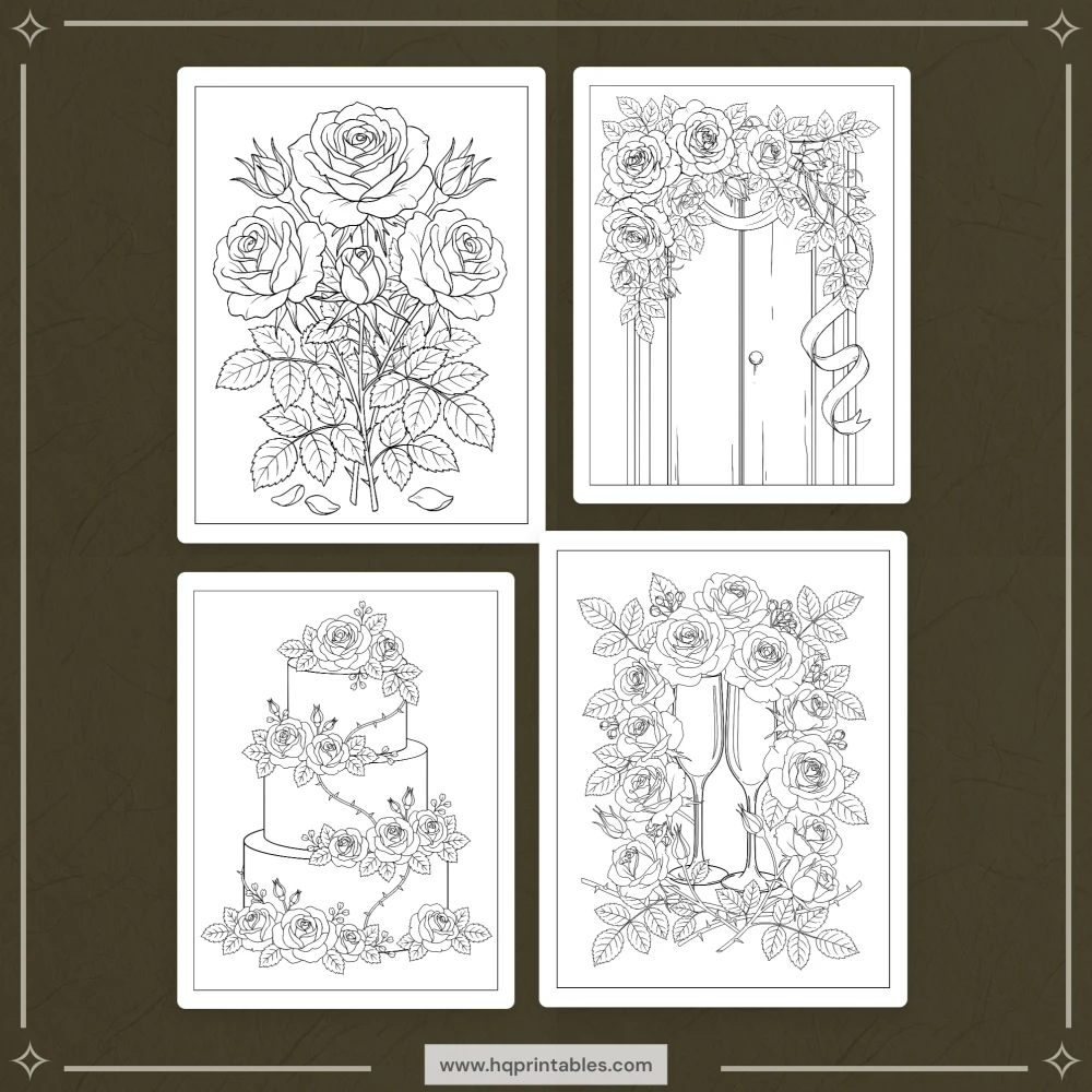Rose coloring book for adults featuring realistic garden roses and floral bouquet pages