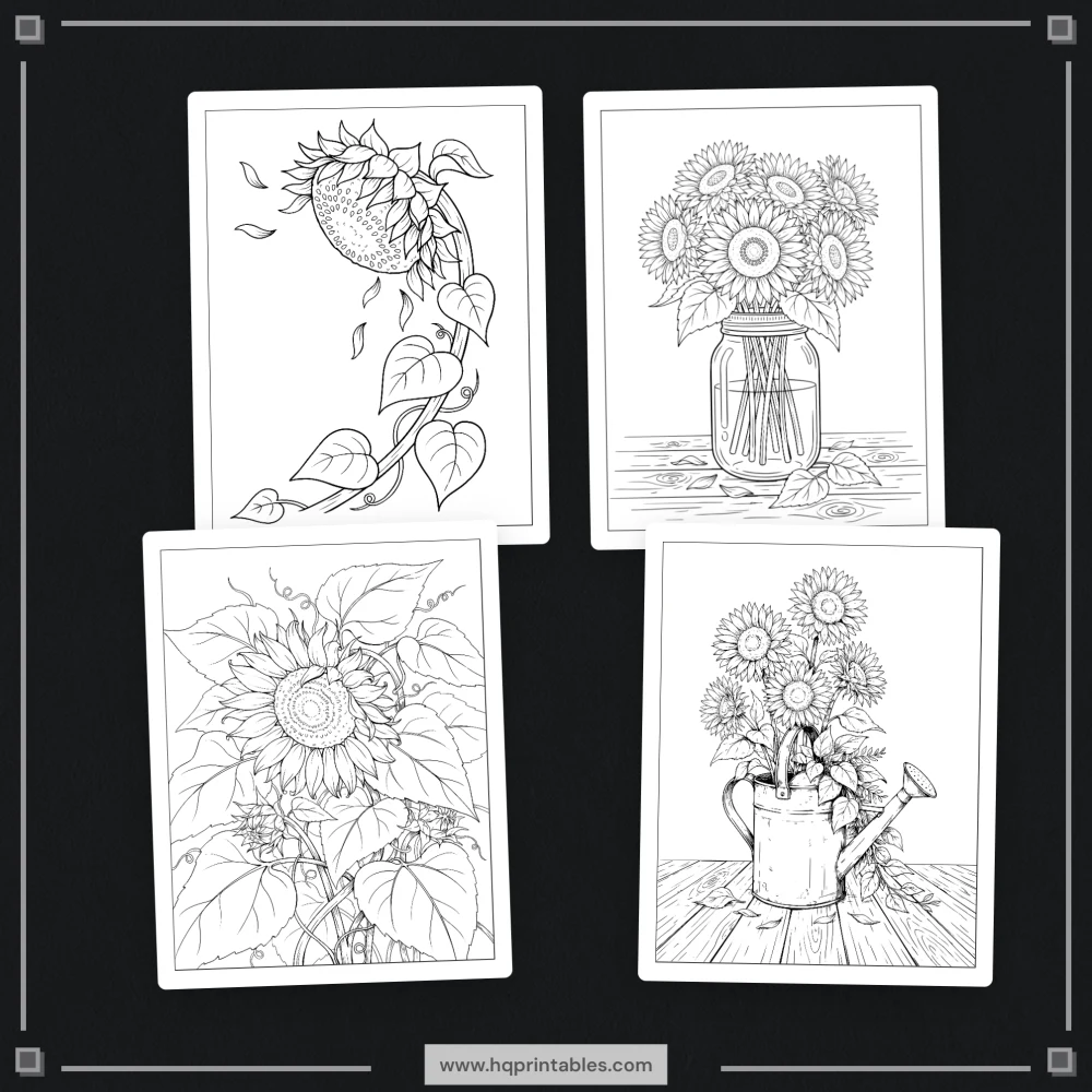 Sunflower coloring book for adults featuring botanical farmhouse flowers and printable pages
