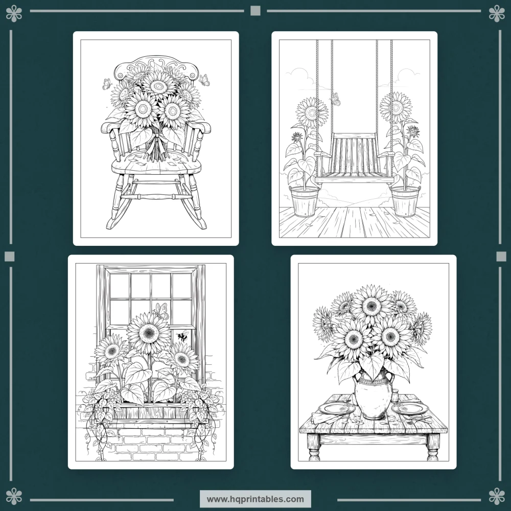 Sunflower coloring book for adults featuring botanical farmhouse flowers and printable pages
