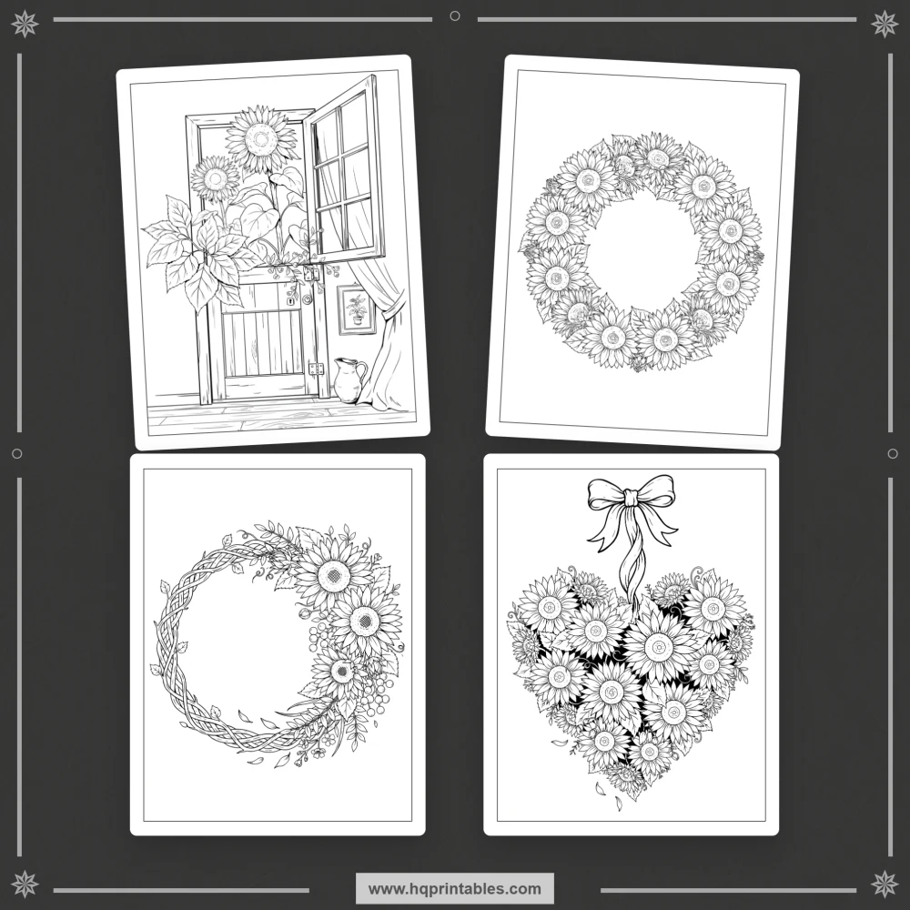 Sunflower coloring book for adults featuring botanical farmhouse flowers and printable pages