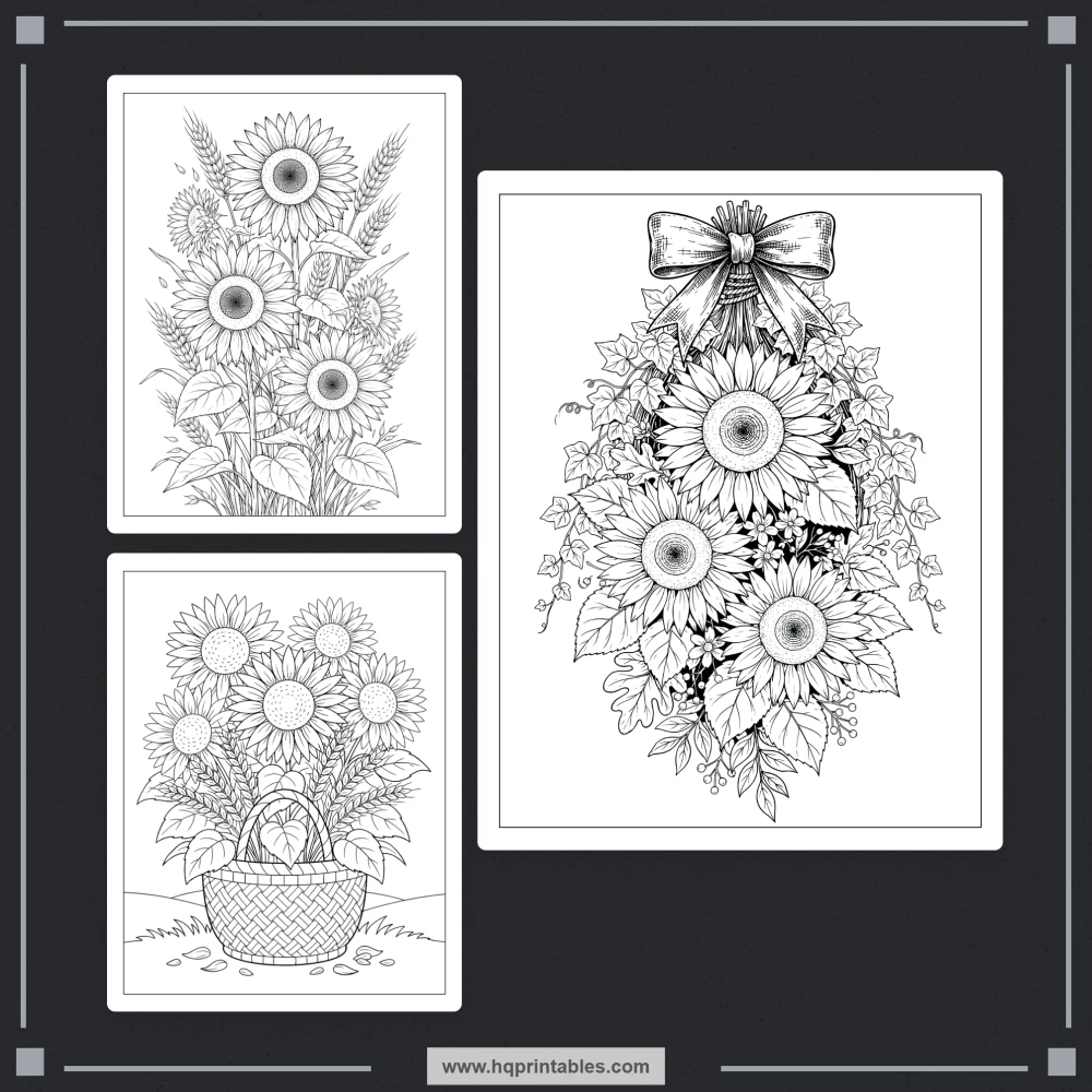 Sunflower coloring book for adults featuring botanical farmhouse flowers and printable pages
