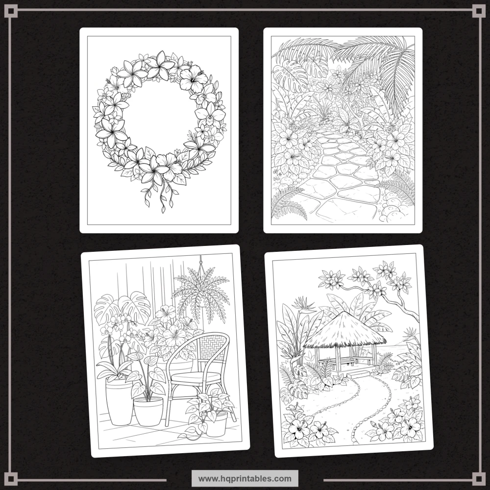 Tropical coloring book for adults with Hawaiian flowers, hibiscus, and paradise botanicals