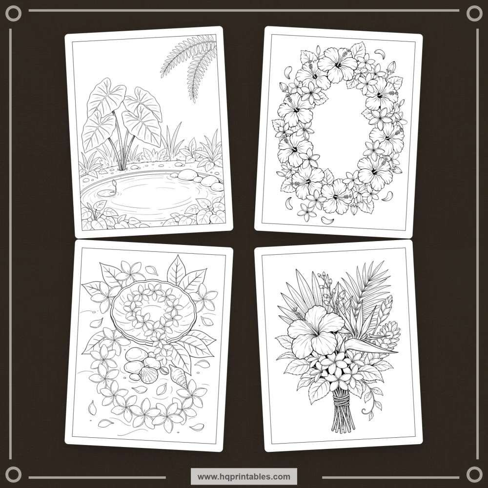 Tropical coloring book for adults with Hawaiian flowers, hibiscus, and paradise botanicals