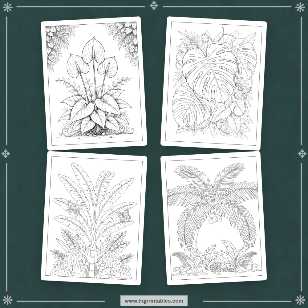 Tropical coloring book for adults with Hawaiian flowers, hibiscus, and paradise botanicals