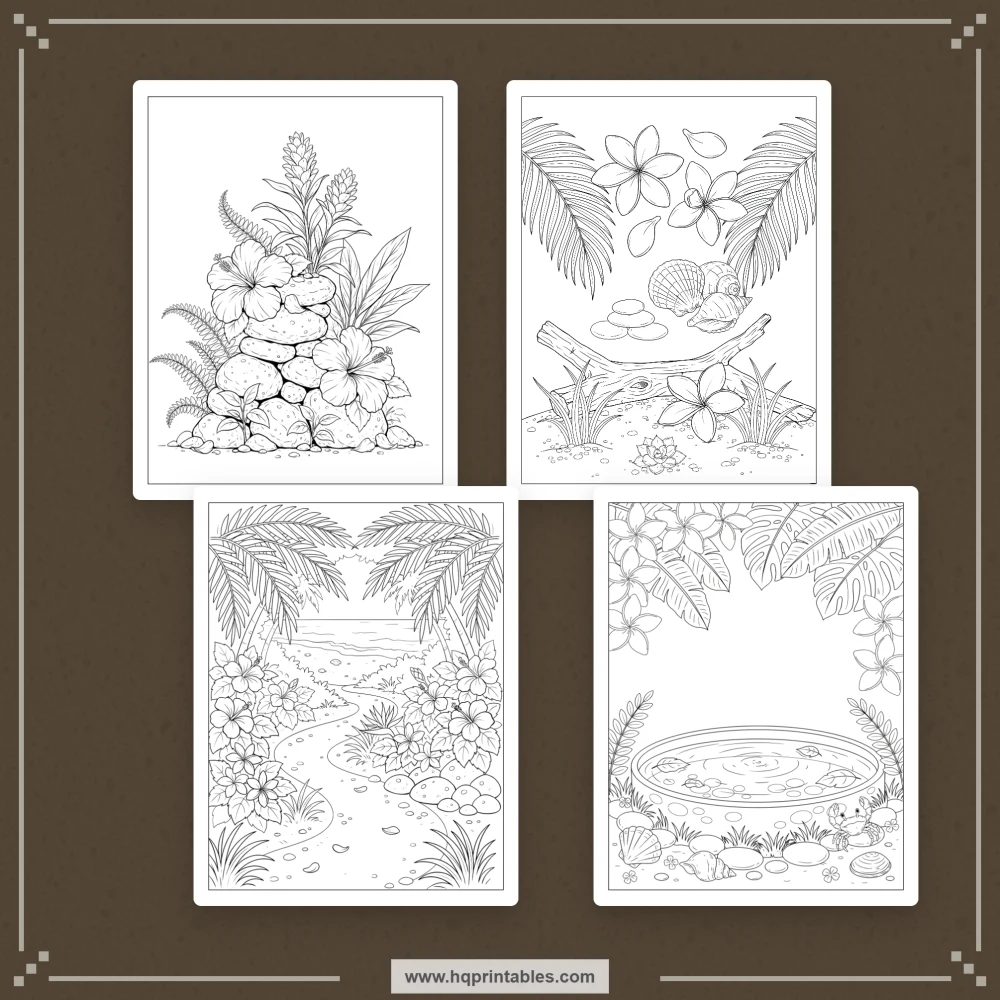 Tropical coloring book for adults with Hawaiian flowers, hibiscus, and paradise botanicals